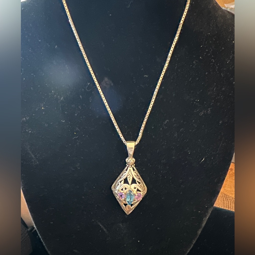 Vintage 925 Sterling Silver Pendant w/ Amethyst and Aquamarine accent stones